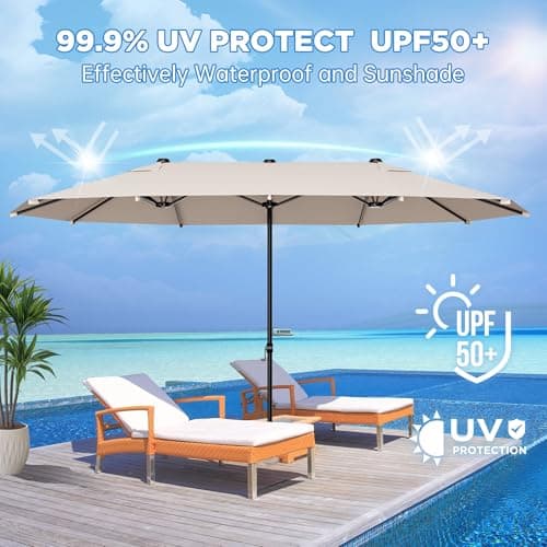 15FT Large Patio Umbrella with Base Included, Outdoor Deck Standing Umbrella with Crank Handle, Double-Side Rectangular Pool Umbrella for Outside, Market, Patio, Beige