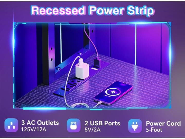 AODK L Shaped Desk Gaming Desk with LED Light & Power Outlet, 53 Inch Reversible L Shaped Computer Table with Shelf & Storage Bag & Hook for Home Office, Black