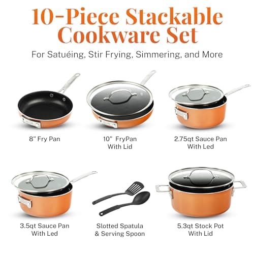 GOTHAM STEEL 10 Pc Copper Pots and Pans Set Non Stick Cookware Sets for Kitchen, Space Saving Pots and Pans with Fry Pan and Pot Set, Non Toxic, Nonstick Cookware Set, Oven and Dishwasher Safe