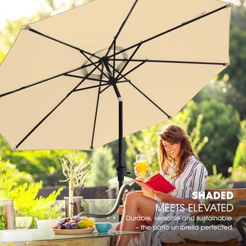wikiwiki 11FT Patio Umbrellas with Base Included, Outdoor Umbrella with Sandbag Base, 8 Sturdy Ribs, Fade Resistant Waterproof POLYESTER DTY Canopy for Garden, Lawn, Deck, Backyard & Pool，Beige