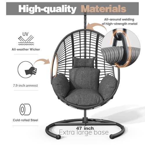 Oversized Hanging Egg Chair Outdoor Wicker Swing Chair with Stand Rain Cover UV Resistant Cushion 400lbs Capacity for Patio, Garden and Balcony