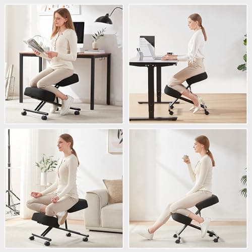 Ergonomic Kneeling Chair with Back Support, Ergonomic Kneeling Tool with Brake and Smooth Gliding Casters, Adjustable Stool for Home and Office, Posture Chair to Relieve Back Pain, Black Linen