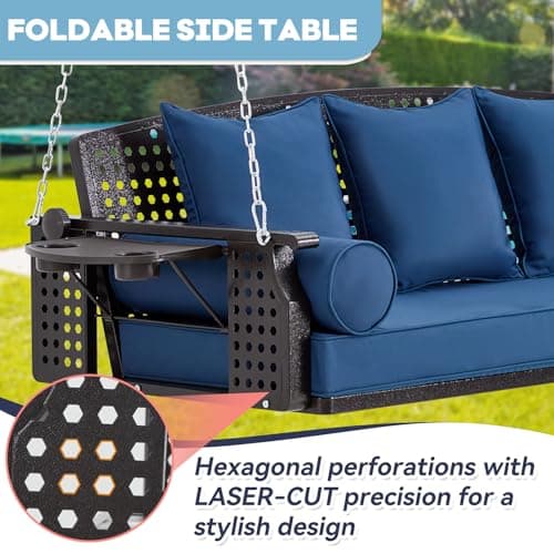 3 Seat Porch Swing, Patio Swing Bench with Cup Holders & 3 Back Cushions, Swing Chair with Chains for Deck Garden Backyard,Blue