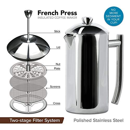 Frieling Double-Walled Insulated French Press Coffee Maker - 17 Oz Stainless Steel French Press for Smooth Coffee, Cold Brew & Camping