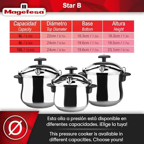 MAGEFESA Star Belly Pressure Cooker 10.6 Qt – 18/10 Stainless Steel, Rounded Bottom, 3 Safety Systems, Works on All Stovetops Including Induction, 8 PSI
