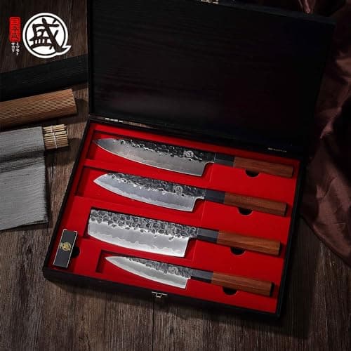 MITSUMOTO SAKARI Japanese Chef's Knife Set 4 Pcs, Professional Hand Forged Kitchen Chef Knife Set, High Carbon Ultra Sharp Cooking Chefs Knife Set (Rosewood Handle & Sandalwood Box)