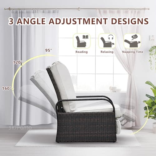 Skypatio Outdoor Recliner Chair, Adjustable All-Weather Wicker Oversized Patio Reclining Chair, Aluminum Patio Rattan Armchair with Thick Cushion for Porch, Balcony, Indoor