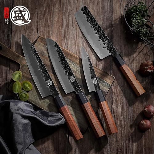 MITSUMOTO SAKARI Japanese Chef's Knife Set 4 Pcs, Professional Hand Forged Kitchen Chef Knife Set, High Carbon Ultra Sharp Cooking Chefs Knife Set (Rosewood Handle & Sandalwood Box)
