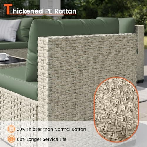 Patio Furniture Set, 7-Piece Outdoor Sectional All-Weather Wicker Patio Conversation Set for Backyard (Green Cushions with Grey Rattan)