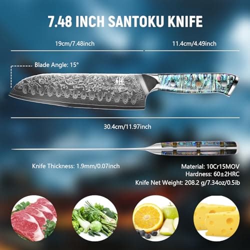 Damascus Steel Santoku Knife 7 Inch, Japanese Professional 10Cr15MOV Blade with Hand Forged Hammer Pattern, Ultra Sharp Kitchen Knife with Abalone Shell Ergonomic Handle