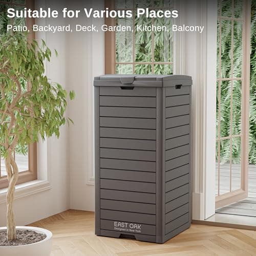 EAST OAK 38 Gallon Outdoor Trash Can | Waterproof Resin Garbage Can with Tiered Lid & Drip Tray | Outside Trash Bin for Patio | Kitchen, Backyard & Deck | Gray Color