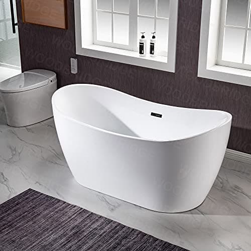 WOODBRIDGE 59" Acrylic Freestanding Bathtub Contemporary Soaking White Tub with Matte Black Overflow and Drain，B0016 -MB-Drain &O