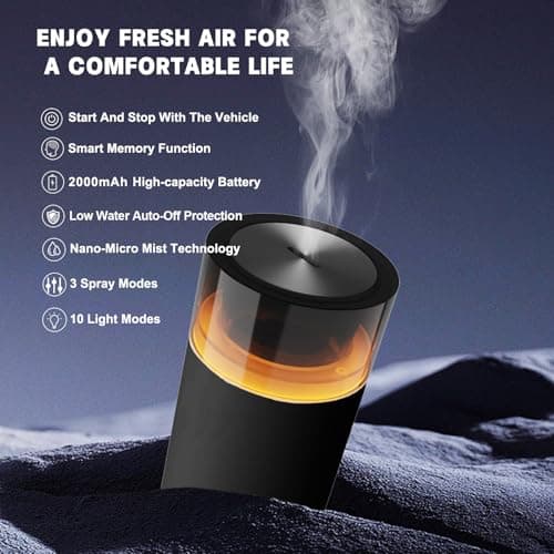 HODEMI Car Diffuser with Auto Start-Stop,Portable Humidifier with Memory Function,Battery-Powered Essential Oil Diffuser with 8-Color Ambient Ligh for Car,Home,Office,and Travel (Black)