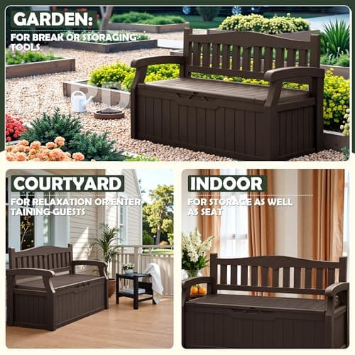 Flamaker 80 Gallon Storage Bench Outdoor Indoor, Durable All-Weather Seating with Hidden Storage, Lockable Deck Box for Garden, Patio, Poolside (Brown)