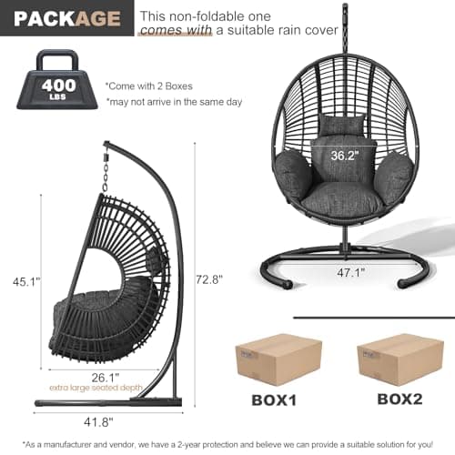 Oversized Hanging Egg Chair Outdoor Wicker Swing Chair with Stand Rain Cover UV Resistant Cushion 400lbs Capacity for Patio, Garden and Balcony