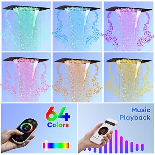 23" Full Body Thermostatic Shower System with Body Jets, Luxury LED Music Rainfall Waterfall Shower Jets System In Wall, Smart Ceiling Mount Multi Function Rain Shower Faucet Set