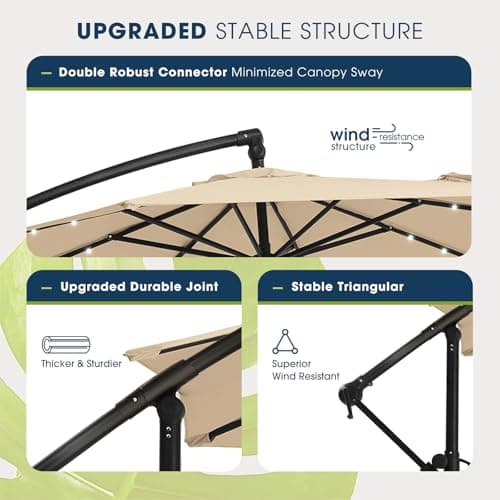 wikiwiki 10FT Solar Patio Offset Umbrella with Base Included, Outdoor Cantilever Umbrella Hanging Umbrellas with Weighted Sandbag Base, Market Patio Umbrella for Backyard, Garden & Deck, Beige