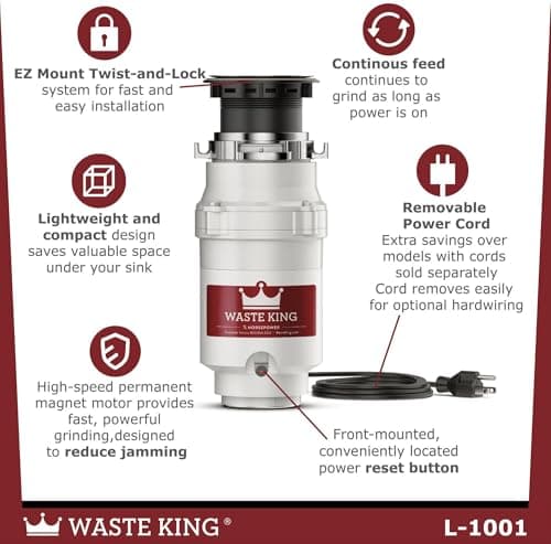 Waste King 1/2 HP Garbage Disposal with Power Cord for Kitchen Sink Food Waste, L-1001