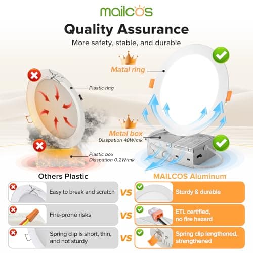 MAILCOS 12 Pack 6 Inch 5CCT Ultra-Thin LED Recessed Ceiling Light with Junction Box, 2700K-5000K Selectable, 1050LM High Brightness, Dimmable Canless Wafer Downlight, 12W 120V, ETL