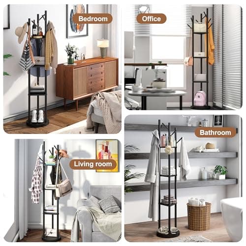 FILWH Bamboo Coat Rack Rotary Freestanding with Shelf Coat Tree Stand for Hallway Entryway with 9 Hooks and 3 Storage Shelves (Black)