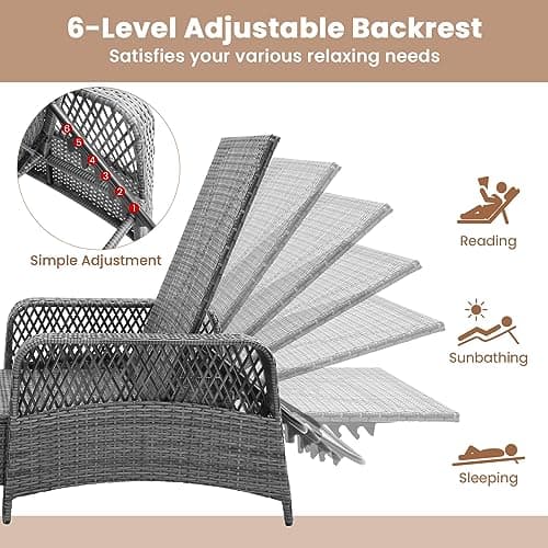 COSTWAY PE Rattan Chaise Lounge Chair, 6 Gear Adjustable Recliner with Armrest & Pillow, Wicker Outdoor Furniture for Deck, Patio (1, Gray)