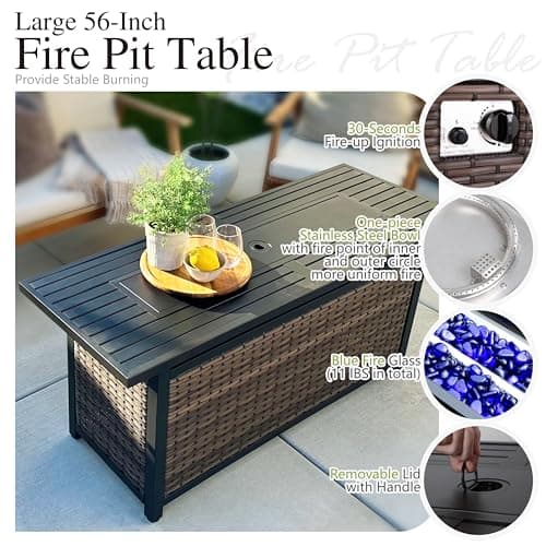 Sophia & William Patio Furniture Set with 56" Fire Pit Table, 10PCS Outdoor Wicker Sectional Conversation Set with 3-Seater Sofa, 2-Seater Couch, 2 Ottoman & FirePit Table(Beige)
