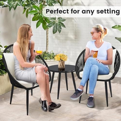 3 Pieces Bistro Set, Woven Rope Chair with Cushions, All Weather Patio Conversation Set and Side Table, Ideal for Deck, Balcony, Poolside, Black