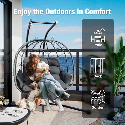 Pamapic Double Egg Chair wth Stand, 700 LBS Loveseat Rattan Swing Chair, UV Resistant Cushions with Armrests and Headrest, Thick Steel Frame Hammock Swing for Outdoor, Patio, Indoor(Grey)
