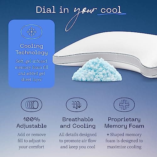 Coop Home Goods Cool+ Crescent Adjustable Pillow, Queen Size Plus Shaped Memory Foam Pillows with Cooling Gel, Neck Support, Back or Side Sleeper Pillow, CertiPUR US/GREENGUARD Gold