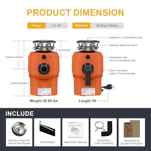 Garbage Disposal 1 HP Ultra Quiet Intelligent Auto-Reverse Function Continuous Feed Food Waste Disposer with Power Cord Easy install, AC Motor Stainless Steel Grind 1 Horsepower (MAX-6)