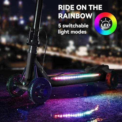 4-Wheel Electric Scooter for Kids w/250W Brushless Motor, Up to 10 MPH & 8.5 Miles, Rainbow Lights, LED Display, 5 Speed & Adjustable Balance, Foldable Kids Electric Scooter, UL 2272 Certified