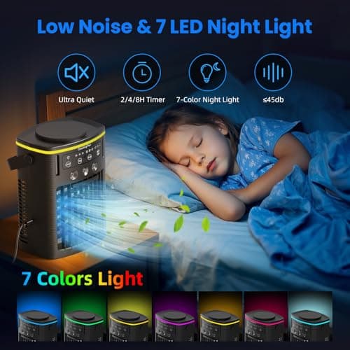 Portable Air Conditioners, Mini Air Conditioner Portable Cooling Fan with Remote Control, 3 Wind Speed & 3 Mist Level & 2-8H Timer & 7 LED Light Evaporative Air Cooler for Home Office Room, Black