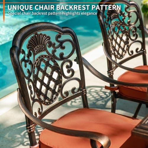7-Piece Patio Furniture Dining Set, All-Weather Cast Aluminum Outdoor Table and Chairs for 6, Includes 4 Fixed Chairs & 2 Swivel Chair & 60’’ Rectangular Dining Table, Red