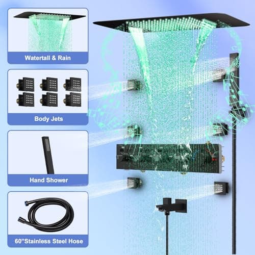 23" Full Body Thermostatic Shower System with Body Jets, Luxury LED Music Rainfall Waterfall Shower Jets System In Wall, Smart Ceiling Mount Multi Function Rain Shower Faucet Set