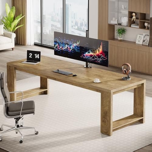 Tribesigns Two Person Desk, 86.6 Inches Extra Long Desk, Double Computer Writing Table, Wood Large Desks Workstation for Home Office, Natural Oak