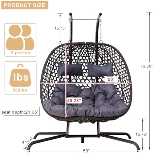 Double Hanging Swing Egg Chair with Stand, Hexagon Wicker Hammock Swing Chair for Outdoor Garden Patio, 2 Person Egg Chair with Foldable Loveseat Removable Cushions (Dark Grey)