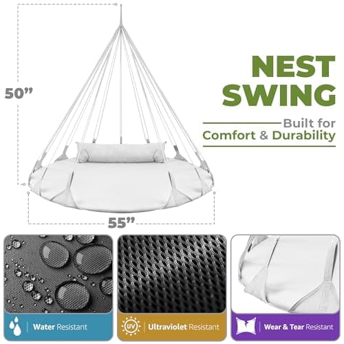 Sorbus 56" Stylish Hanging Swing Nest - Premium Cotton Double Hammock Daybed Saucer Style Lounger Swing Chair- 264lbs Sturdy Spinner Tree w/Pillow - Easy Setup - for Indoor/Outdoor, Travel - White