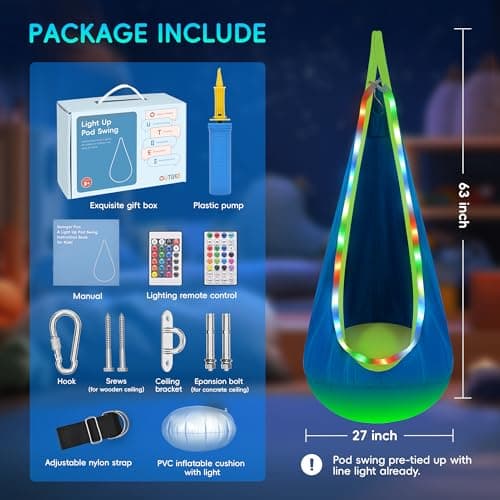 OUTREE Light Up Pod Swing Seat, Sensory Swing with LED Light, Cotton Kids Chair for Indoor and Outdoor, Hammock Chair Easy to Install, Blue