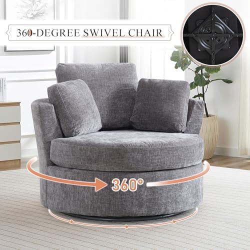 42" W Modern Grey Swivel Barrel Chair with 360° Round Metal Base & Soft Chenille Pillows & Thick Cushion, Comfy Oversized Chaise Longue Indoor Living Room, Bedroom Club Reading Armchair (Gray)