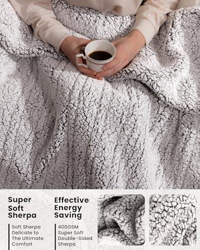 Electric Blanket Heated Throw Soft Double Sherpa Super Cozy with 6 Fast Heating Levels & 1-4 Hours Auto-Off, Over-Heat Protection, Machine Washable-White