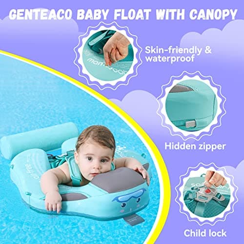 Mambobaby Baby Swim Float with Canopy Non-Inflatable Infant Pool Float with Tail 3-24 Months Avoid Flip Solid Skin-Friendly Material for Toddler Boys Girls