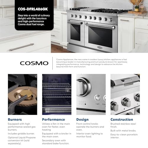 Cosmo COS-DFRL486GK 48 in. Lumin Collection 6.7 cu. ft. Double Oven Dual Fuel Range with 6 Sealed Burners, Rapid Convection, Stainless Steel