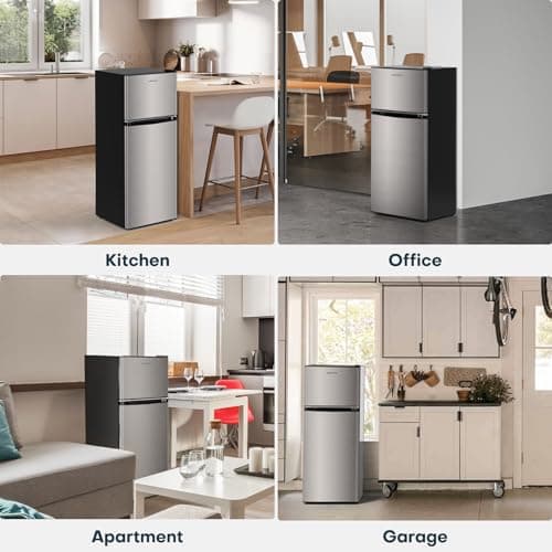 Upstreman 4.0 Cu.Ft. Mini Fridge with Freezer, Dorm Essentials, Double Door, Small Refrigerator for Office, Dorm, Bedroom, Adjustable Thermostat, Large Capacity, Stainless-SR401