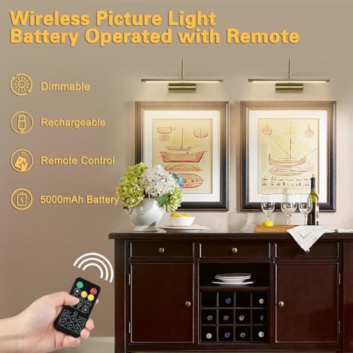 JOOSENLUX Battery Operated Picture Lights Gold Wall Lights Wireless Flexible Neck with Remote Rechargeable Wall Lights for Pictures 16" Dimmable Display Art Light with Timer 3000K Brass