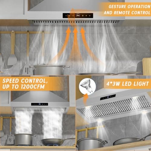 48 Inch Wall Mount Range Hood 1200CFM, 4-Speed Wall Mount Range Hood with Touch Control & Gesture Sensing Stainless Steel Kitchen Stove Vent Hoods with 4 LED Lights Ultra Series
