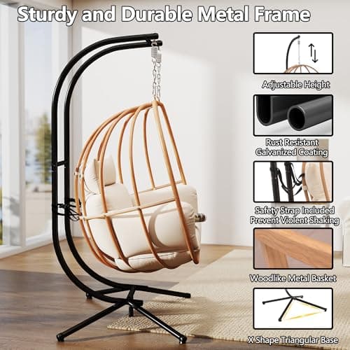 Hanging Chairs with Stand, All Weather Double Egg Chair Outdoor, Metal Hanging Egg Chairs Outdoor, 2 Person Oversized Swing Egg Chair, Modern Balcony Basket Loveseat for Indoor/Deck, Beige