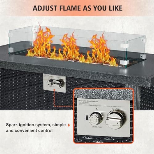 Outdoor Fire Table, 44 inch Rectangle Propane Gas Fire Pit Table, 50,000 BTU Modern Firepit with Wind Guard, Lava Rock, Rain Cover