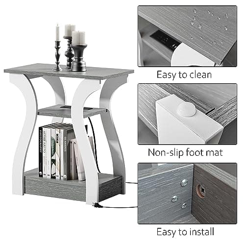 End Tables Living Room Set of 2,Grey End Table with Charging Station,Grey Side Table, Nightstand for Bedroom, 3 Tier End Table with Storage Shelf for Living Room