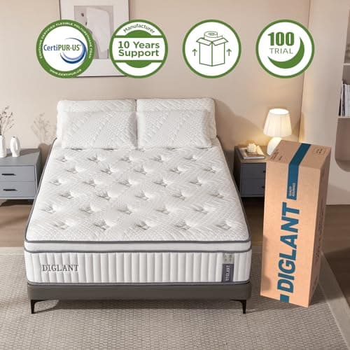 DIGLANT California King Mattress, 14Inch Cooling Gel Memory Foam Hybrid Mattress with Pocket Springs, Medium Plush Feel, White