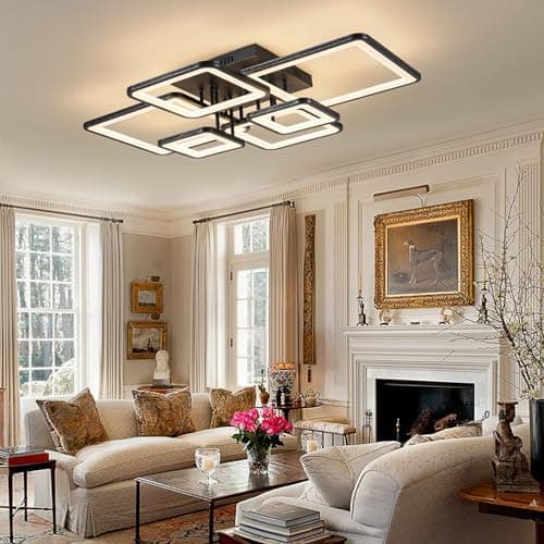 Modern LED Ceiling Light Fixture Black Kitchen Lighting Fixtures Ceiling for Bedroom 31.5" Dimmable 6 Ring Square Ceiling Light for Kitchen with Remote Control for Living Room,Dining Room
